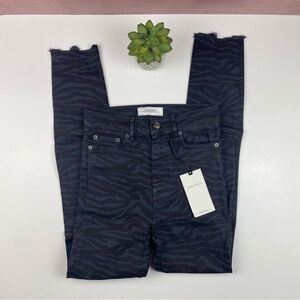 Zara Blue Black Zebra Animal Print Denim Skinny Frayed Jeans New Women Size 2